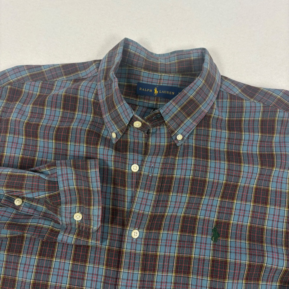 Ralph Lauren Plaid Button Down Mens XL Blue Burgundy LS Cotton Shirt Preppy